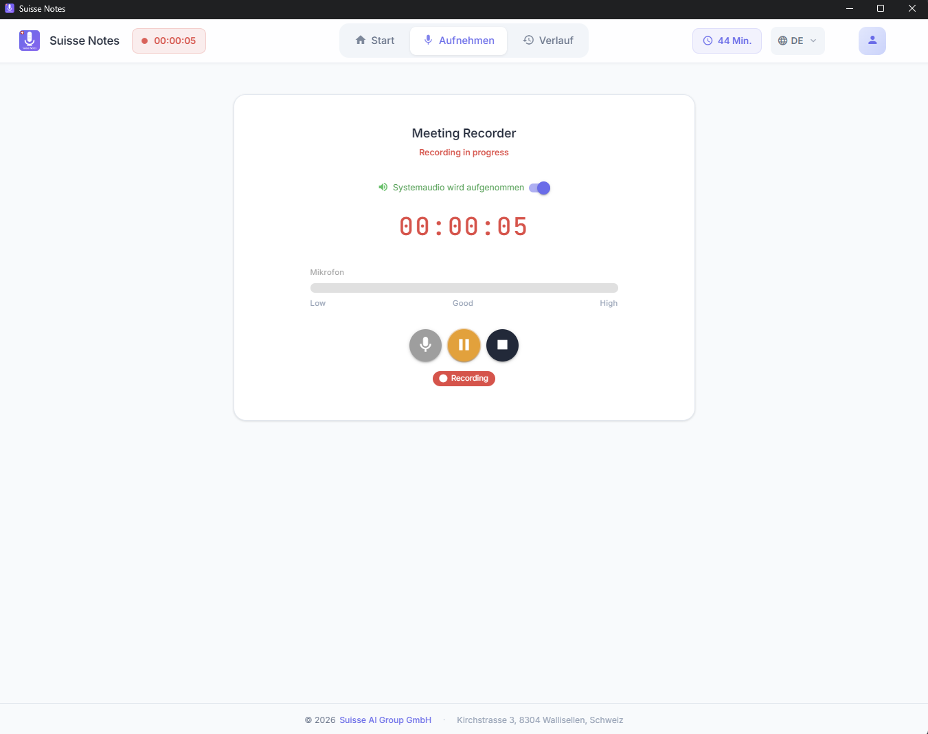 Screenshot: Desktop App – Aufnahme-Ansicht