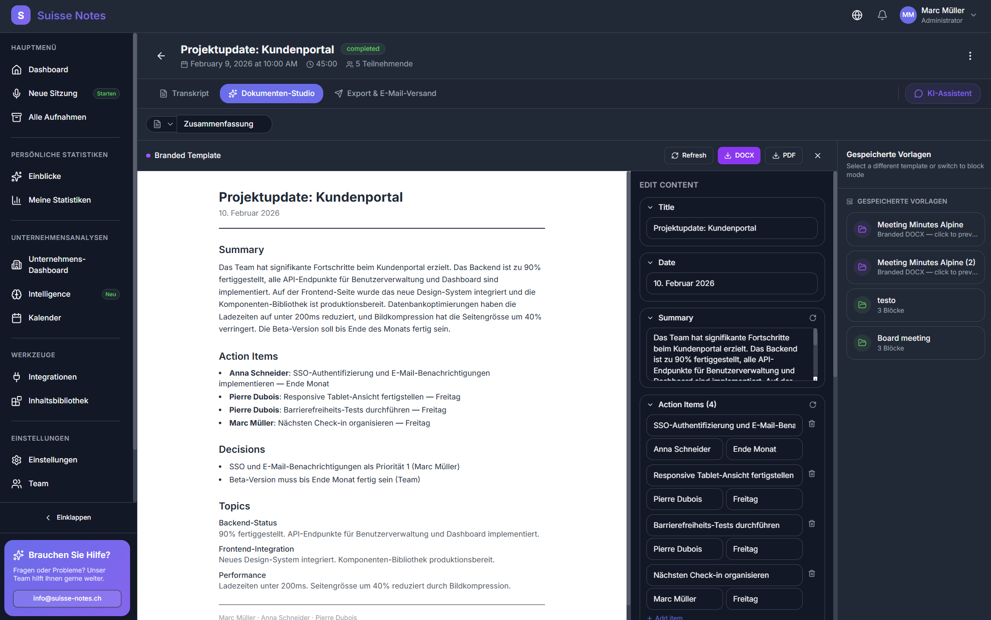 Dokument-Studio Branding und PDF-Vorlagen Upload