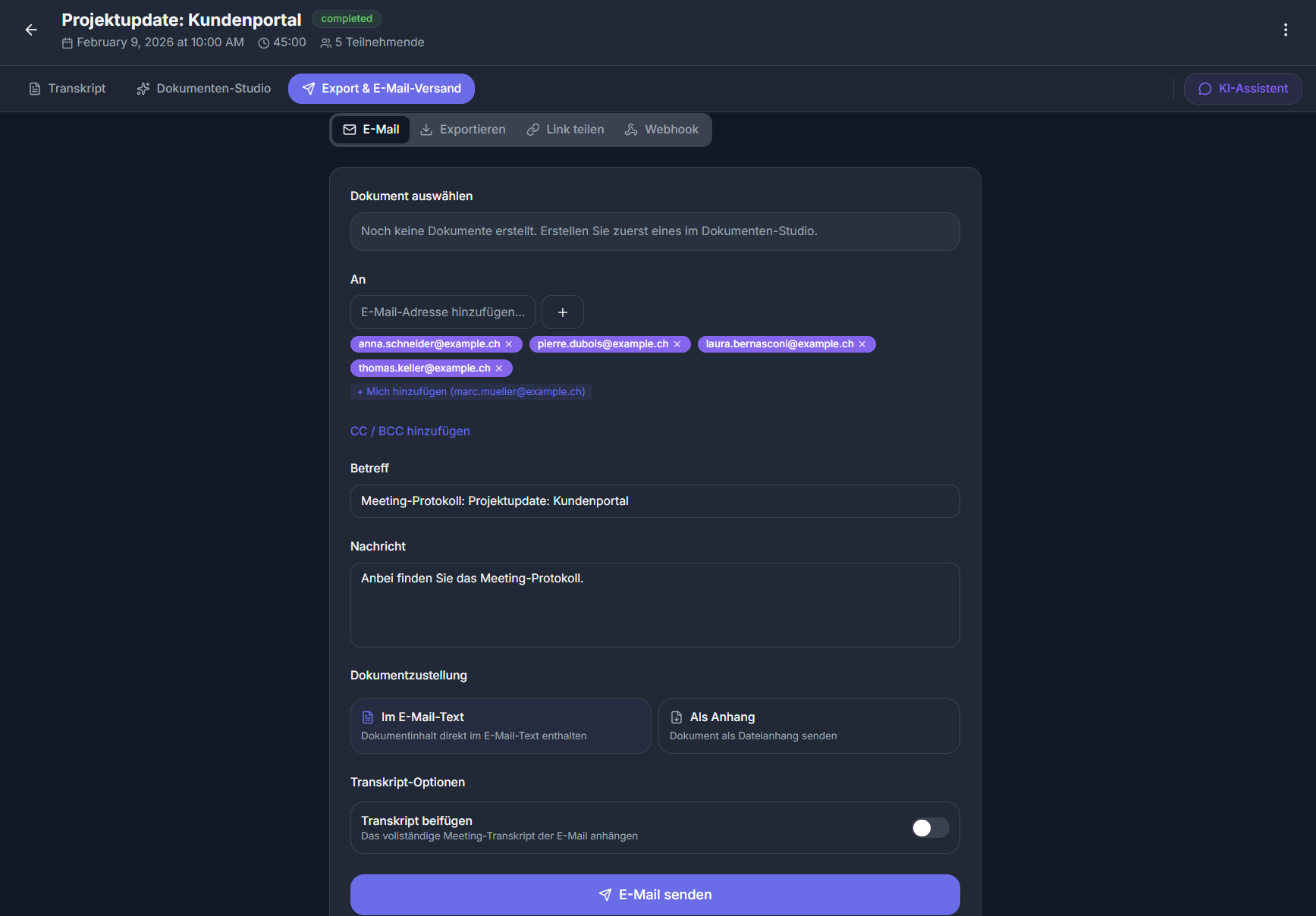 Screenshot: Export & Sharing-Dialog mit Teilnehmererkennung