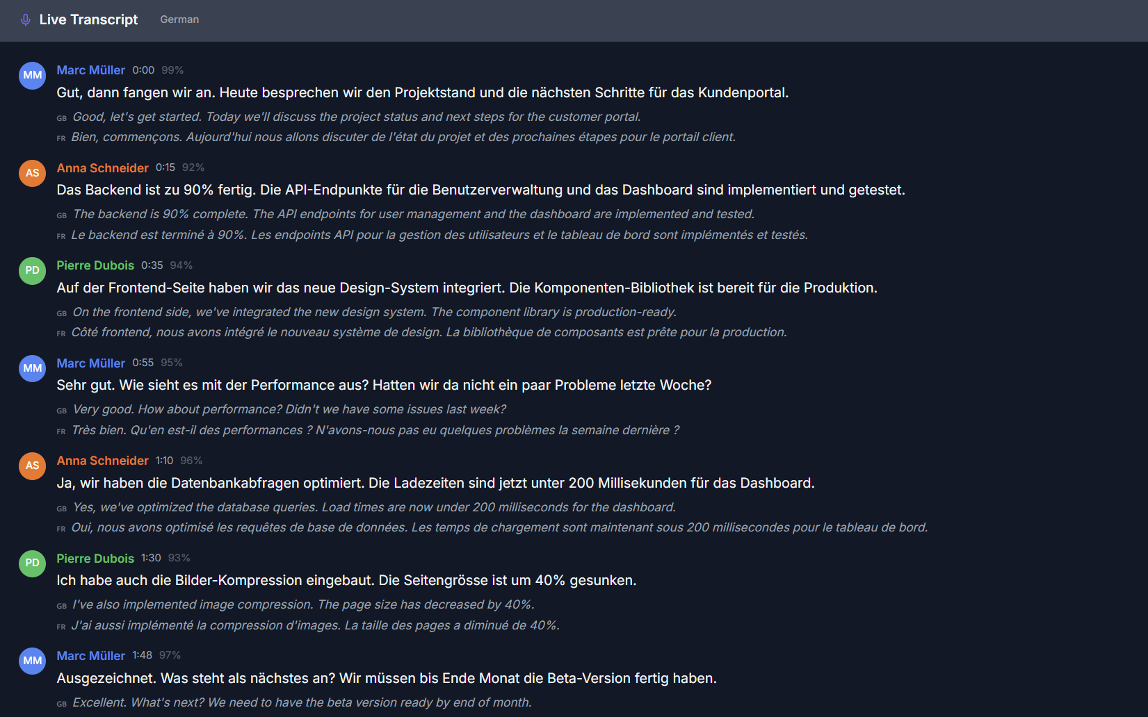 Suisse Notes Sprache-zu-Text-Transkription mit Sprechererkennung und Live-Übersetzung