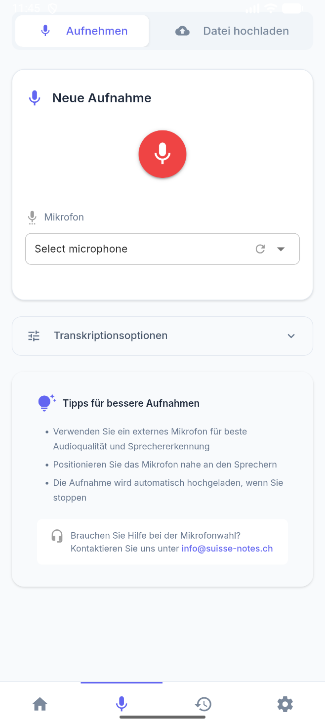 Screenshot: Mobile App – Aufnahme-Ansicht